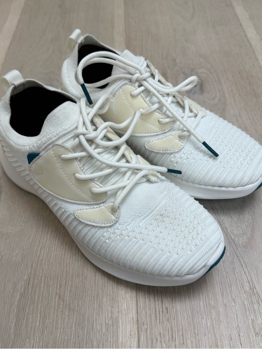 Vessi Women's White Cream Knit Athletic Sneakers with Teal Accents